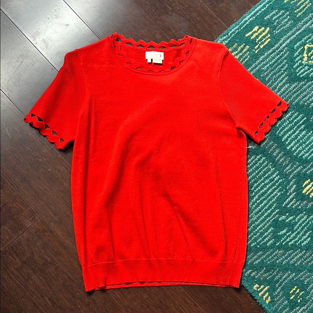 Kate Spade Poppy Red Geometric Scalloped Short Sleeve Top
